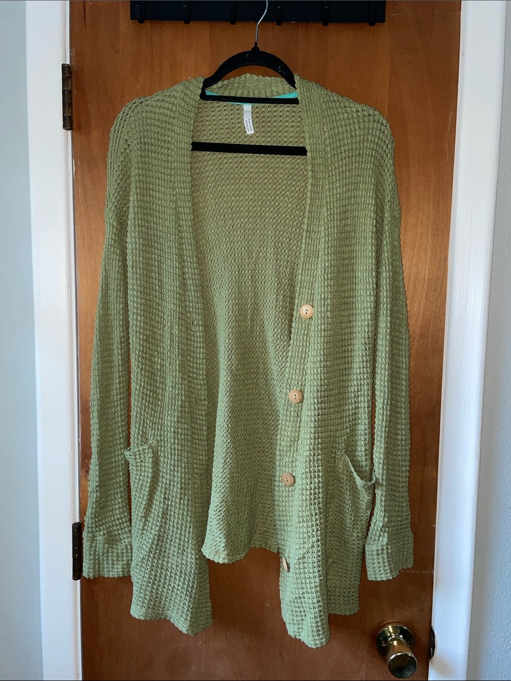 Relaxed Olive Green Waffle-Knit Button Cardigan